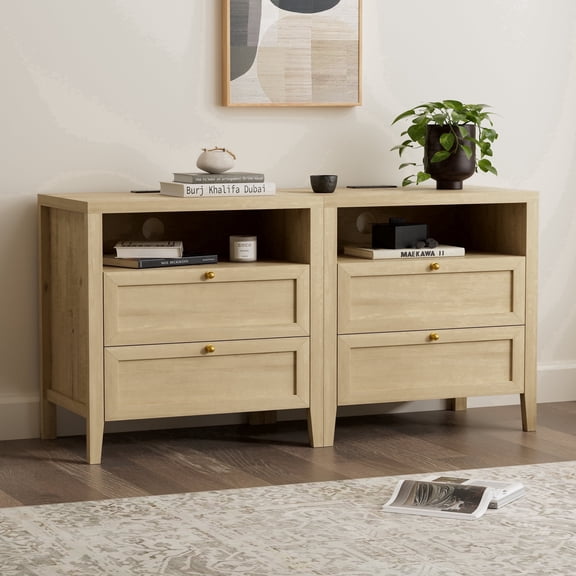 EYYTHUNG Modern Nightstands Set of 2 with Drawers Wooden End Table with Charging Station Farmhouse Night Stand Bedside Side Table with Storage Open Shelf, Light Oak