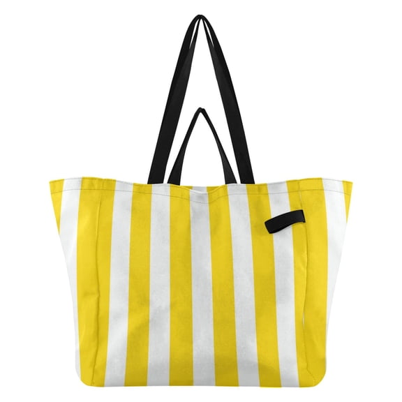 Yellow-white Broad Stripes Foldable Canvas Tote Bags Reusable Grocery Bags Laundry Bags Beach Bag 32L