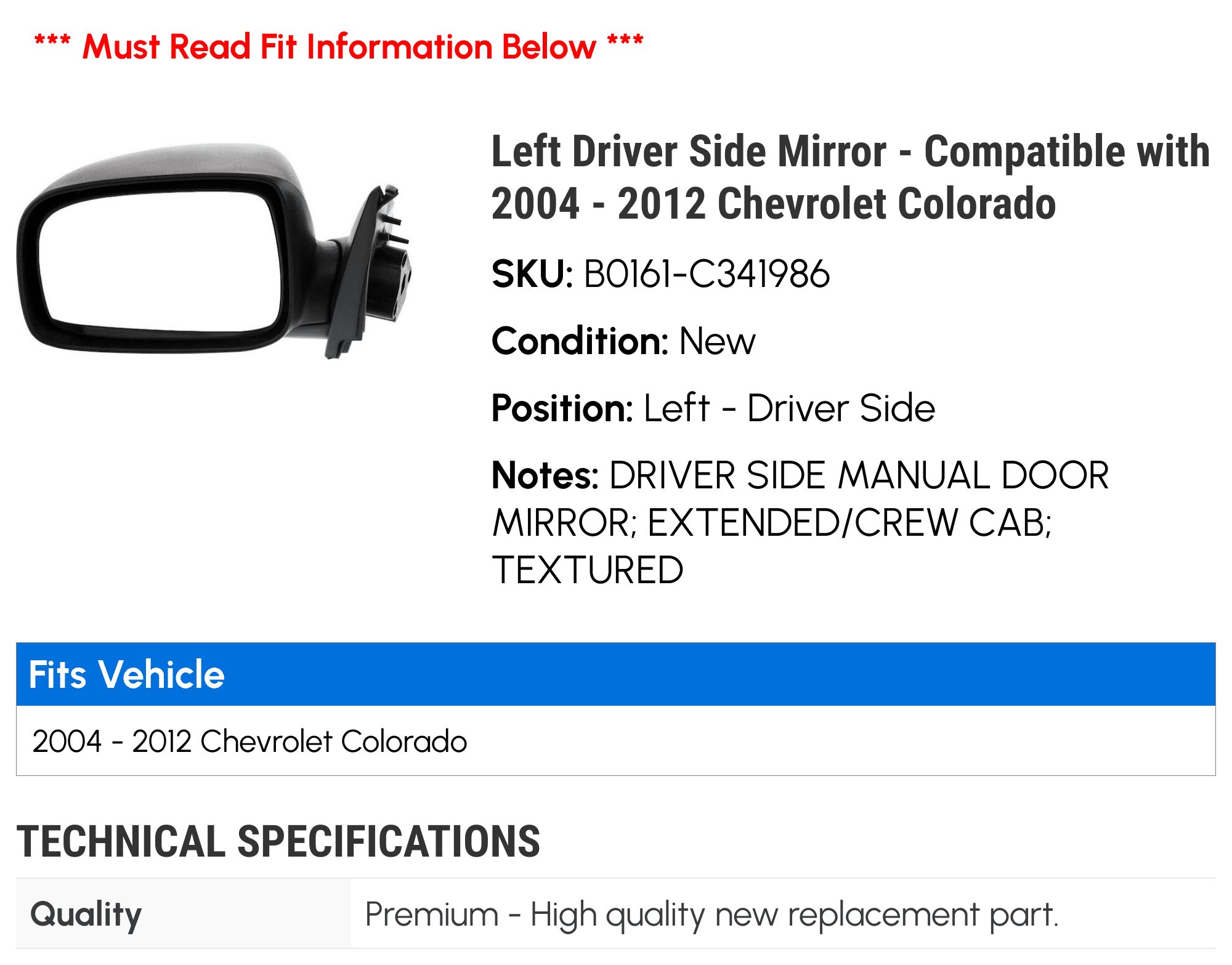 Left Driver Side Mirror - Compatible with 2004 - 2012 Chevy Colorado 2005 2006 2007 2008 2009 2010 2011
