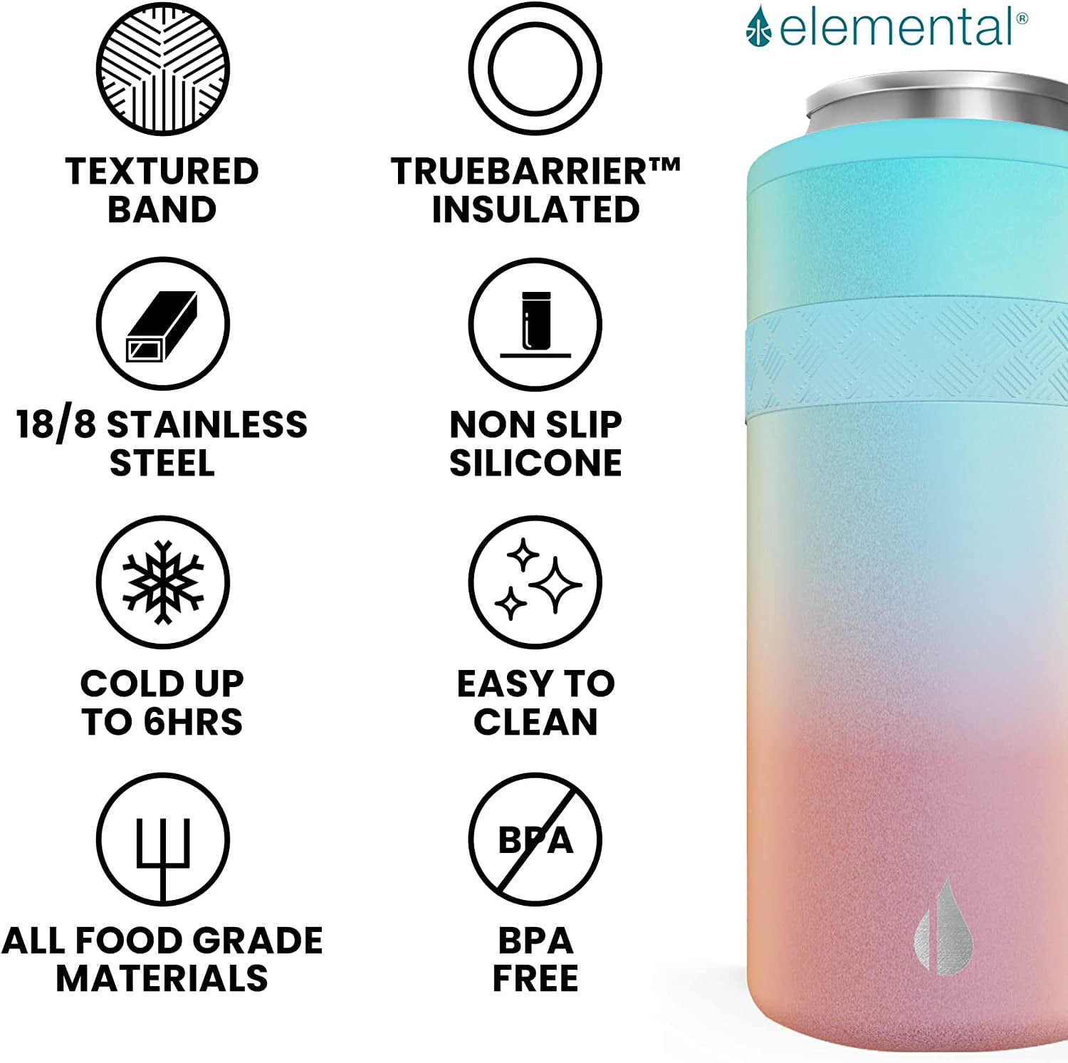 Elemental Insulated Slim Can Cooler, Triple Wall Stainless Steel Skinny Can Cooler - Drink Cooler Insulator for 12oz Skinny Seltzers, Beer, Soda Cans - Cotton Candy Dream