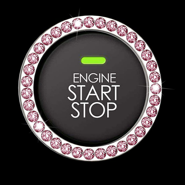 Pink Bling Crystal Rhinestone Car Engine Ignition Button Ring, Emblem Sticker, Girly Car Interior Accessory Decoration for Push to Start Button Cover, AC Control Knob,Car Shift Cover