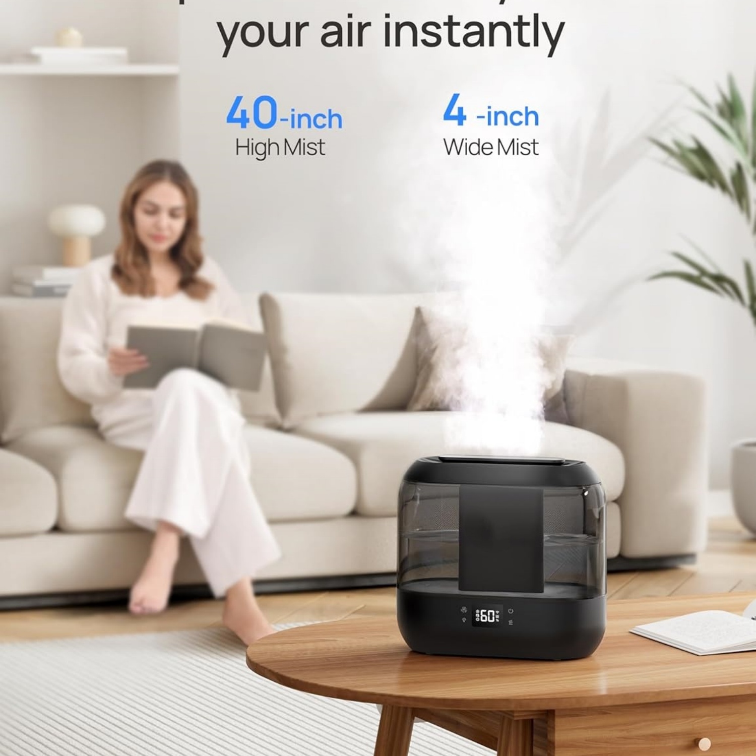 Humidifiers for Bedroom, Top Fill 4L Smart Cool Mist Humidifier with Oil Diffuser, Cartridge, Nightlight, 36H Runtime, Quiet Ultrasonic Humidifiers for Home, Baby Nursery, Plants, Office,