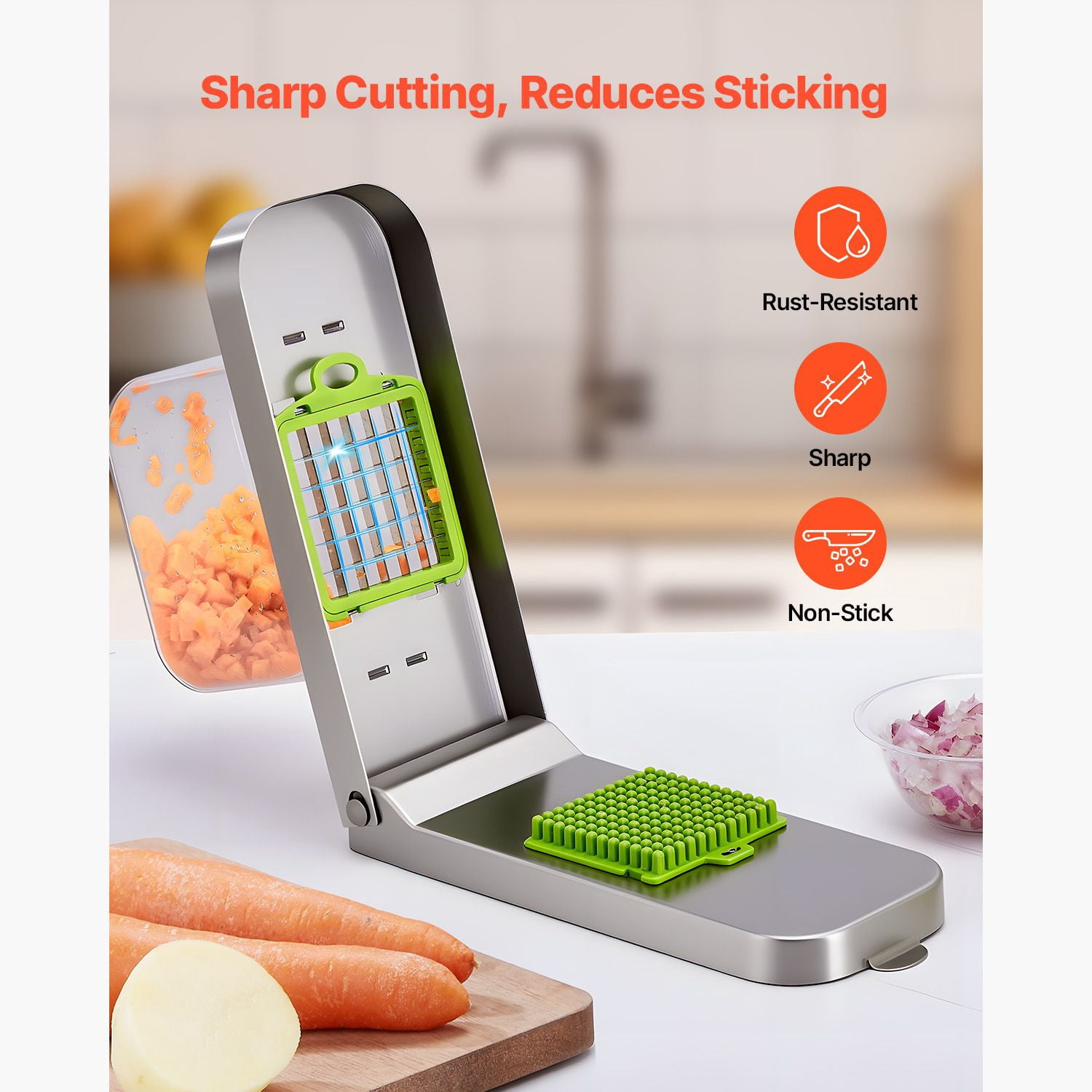 Vegetable Chopper, 3 Interchangeable Blade Sizes (0.2/0.47/0.71 Inch), 420 Stainless Steel Blades, 40.58 fl oz Container, Dishwasher Safe, 3-Step Easy Operation