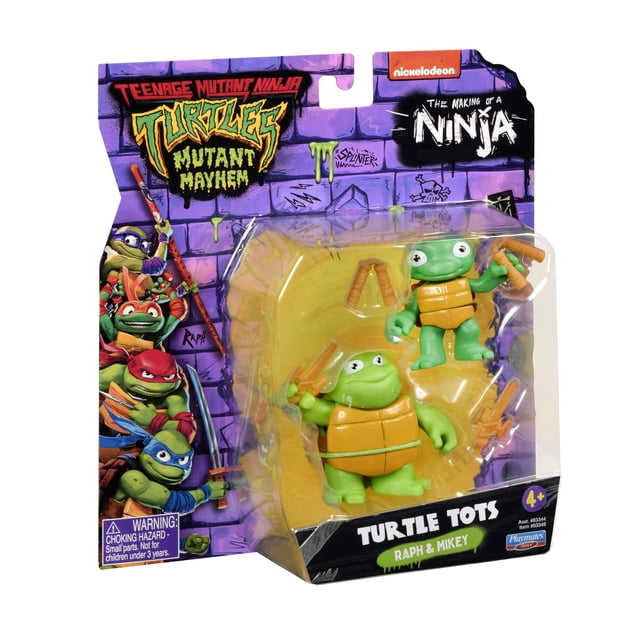 figura de acción teenage mutant ninja turtle tots 83291 Paquete de 2 Turtle Tots Miguel Ángel 3 pulgadas y Rafael 3.5 pulgadas en blíster de Mutant Mayhem; cada figura con 4 puntos de articulación, Mikey con nunchaku de entrenamiento y Raph con sai, embalaje con arte morado de la película.
