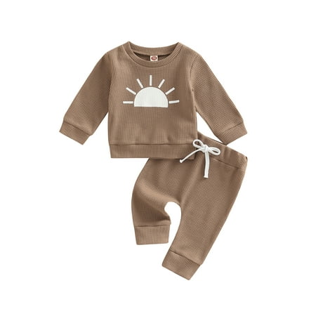 

aturustex Baby Boys Waffle Clothes Set Sun Print Pullover Sweater Shirt Top +Drawstring Pants Infant Toddler Outfits 2Pcs