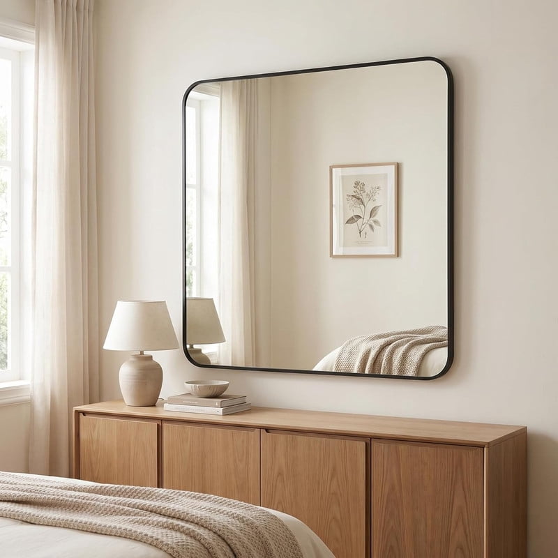 Clarvion 39"x39" Rounded Edge Rectangle Bathroom Mirror Wall Mounted Vanity Mirror,Black