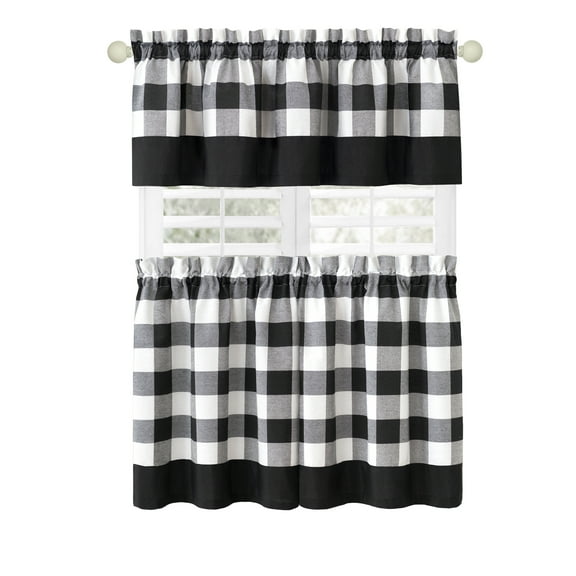 Woven Trends Kitchen Curtains and Valances Set, Classic Country Plaid Checkered Premium Cotton Blend, Cafe Curtains Tier & Valance Set, Rod Pocket, 57" x 24", Black