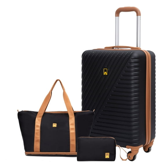 3 Piece Carry-on Luggage Sets, Hardside Suitcase Set with Double Spinner Wheels, Expandable Travel Bag and Toiletry Bag, Black