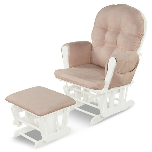 Gymax Glider and Ottoman Cushion Set Wood Baby Nursery Rocking Chair Pink