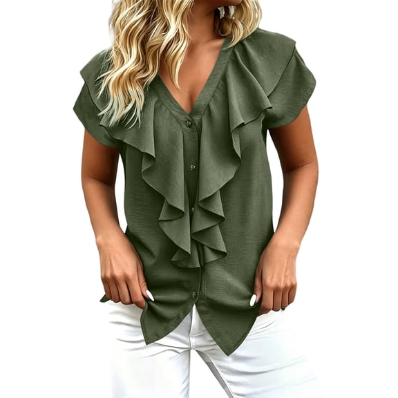 JIAYUE Women's T Shirt Lightweight V Neck Ruffle Short Sleeve Button Down Tees Solid Color Casual Flutter Sleeve Tunic Shirts For Office Daily Wear And Outdoor Tops