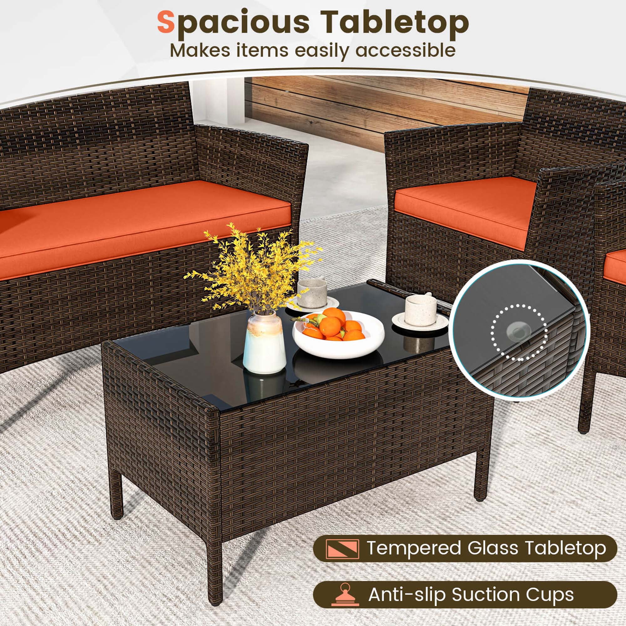 Costway 8 PCS Patio Furniture Set with Washable Cushions and Tempered Glass Coffee Table Orange