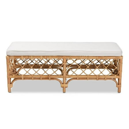 Bowery Hill Orchard White Fabric Upholstered and Brown Rattan Bench