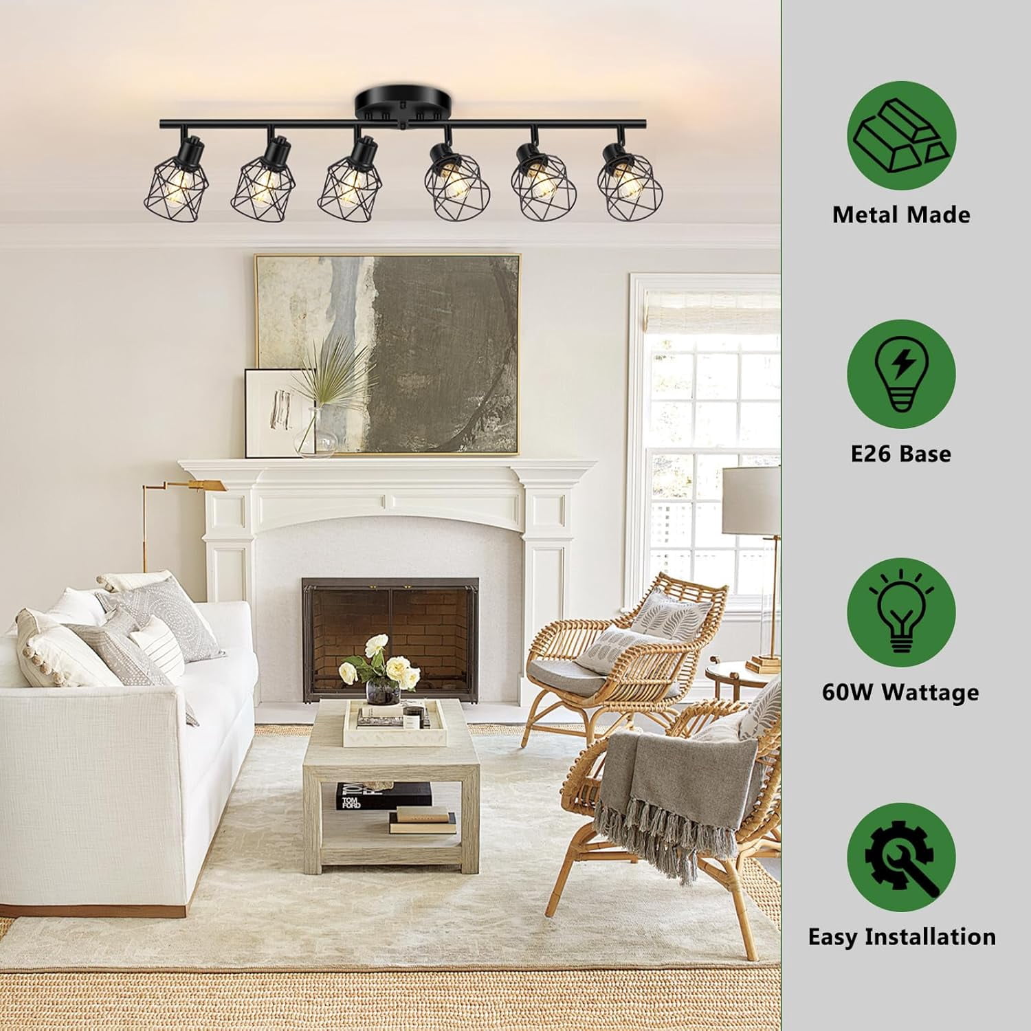 6-Light Track Lighting Kit Multi-Directional Ceiling Light Fixtures Kitchen Track Lighting Fixtures Flexibly Rotatable Light Head for Living Room, Dining Table, Foyer