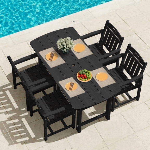 Ciokea 5-Piece Outdoor Dining Set with Table and 4 Chairs HDPE Patio Set Umbrella Hole Garden Backyard Poolside Black