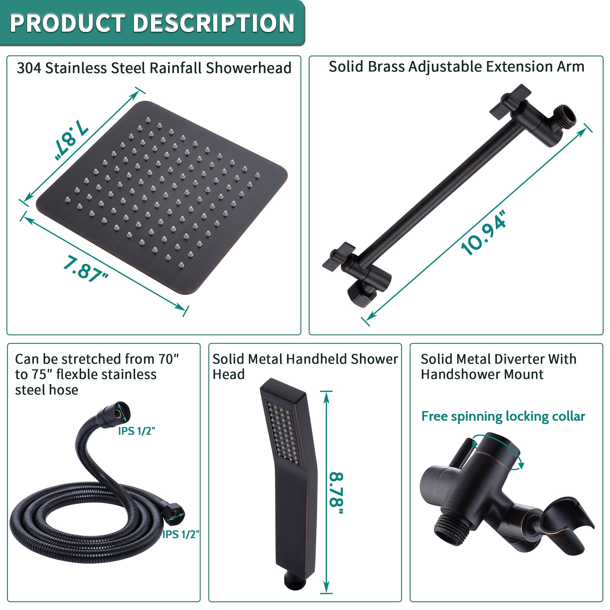 All Metal Dual Square Shower Head Combo, Rain Shower Head with Handheld Shower Wand and Extra Long Flexible Hose (Oil-Rubbed Bronze)