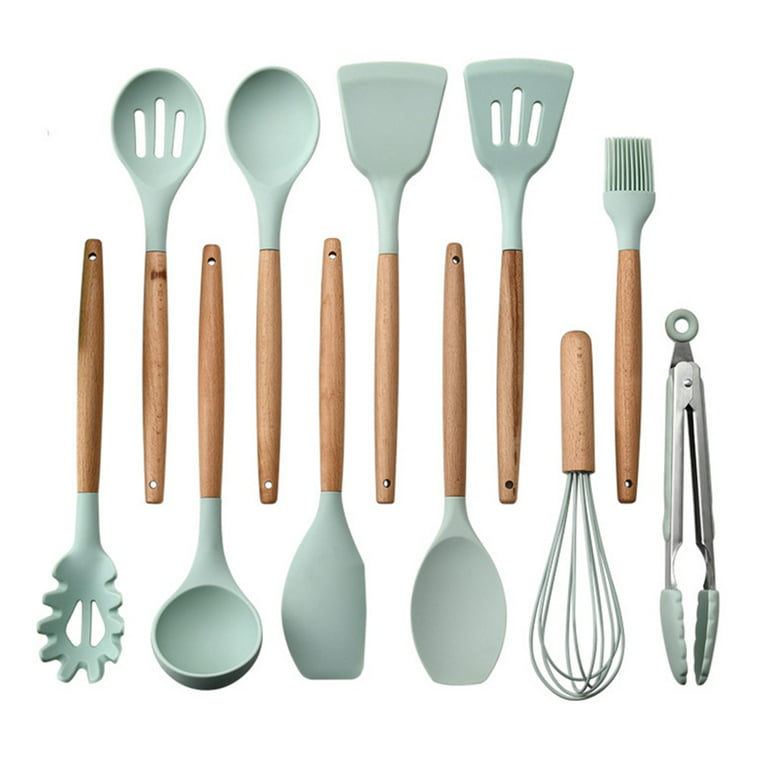 Non-toxic Silicone Kitchen Cooking Utensils Set Natural Wooden Handles  Cooking 