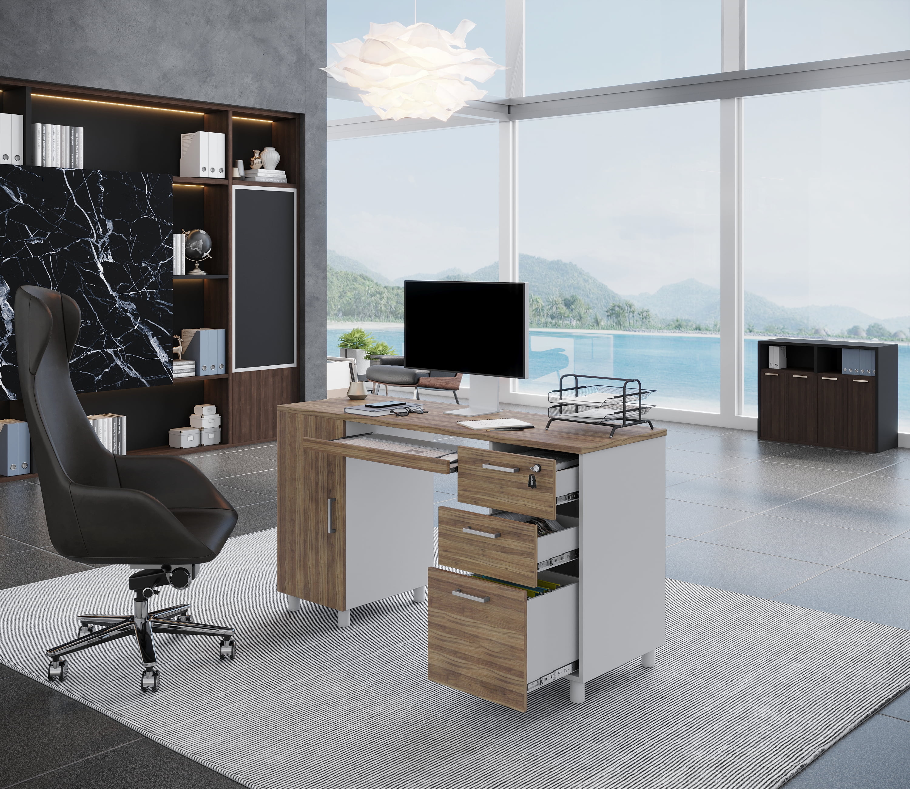 Modern Design Venice Computer Desk Great for Home Office Desk by Crafts and Comfort - 3 Drawers and CPU Storage Cabinet - Laptop Workstation with Keyboard Tray and Cable Hole - Walnut / White