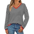 thumbnail image 2 of Women's V Neck Knitted Sweater Striped Color Block Top Casual Sweaters Long Sleeve Pullover Tunic Tops, 2 of 6