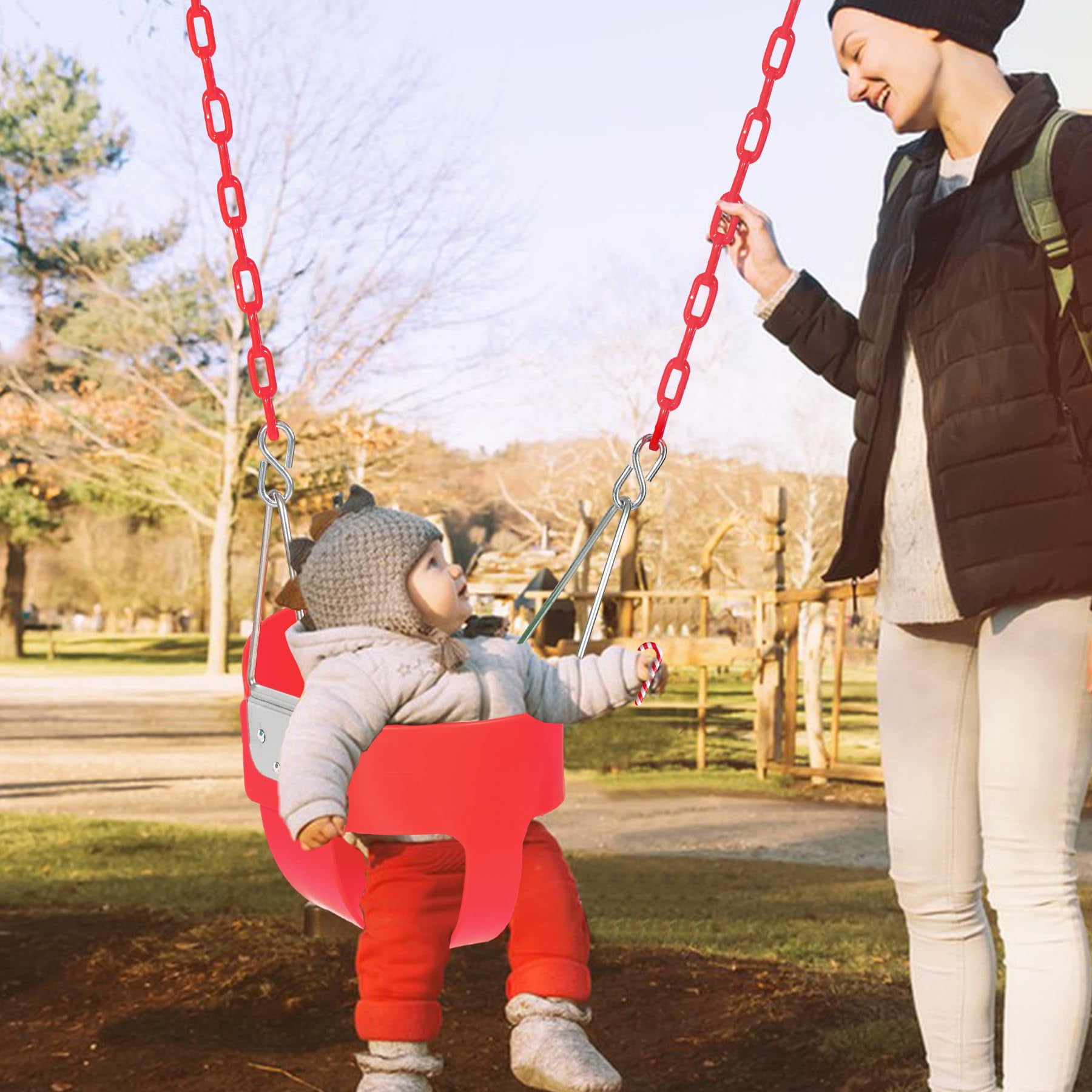 Toddler Swing Seat with Coated Chains, Heavy Duty Kids High Back Bucket Swings with Tree Straps and Hooks for Outdoor, Playground, Backyard, Swing Set Accessories by Domaker, Red