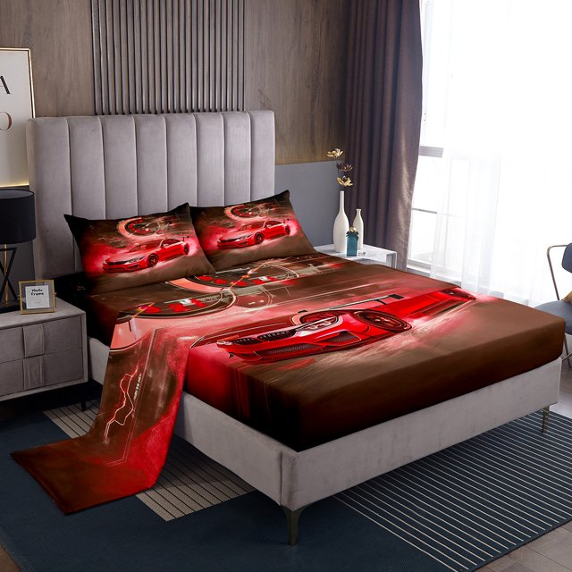 Erosebridal Ensembles de Draps Complets Sports Extrêmes, Literie Voiture de Course Dégradé Format Full, Décoration de Chambre pour Garçons, Réversible, Léger, 4 Pcs