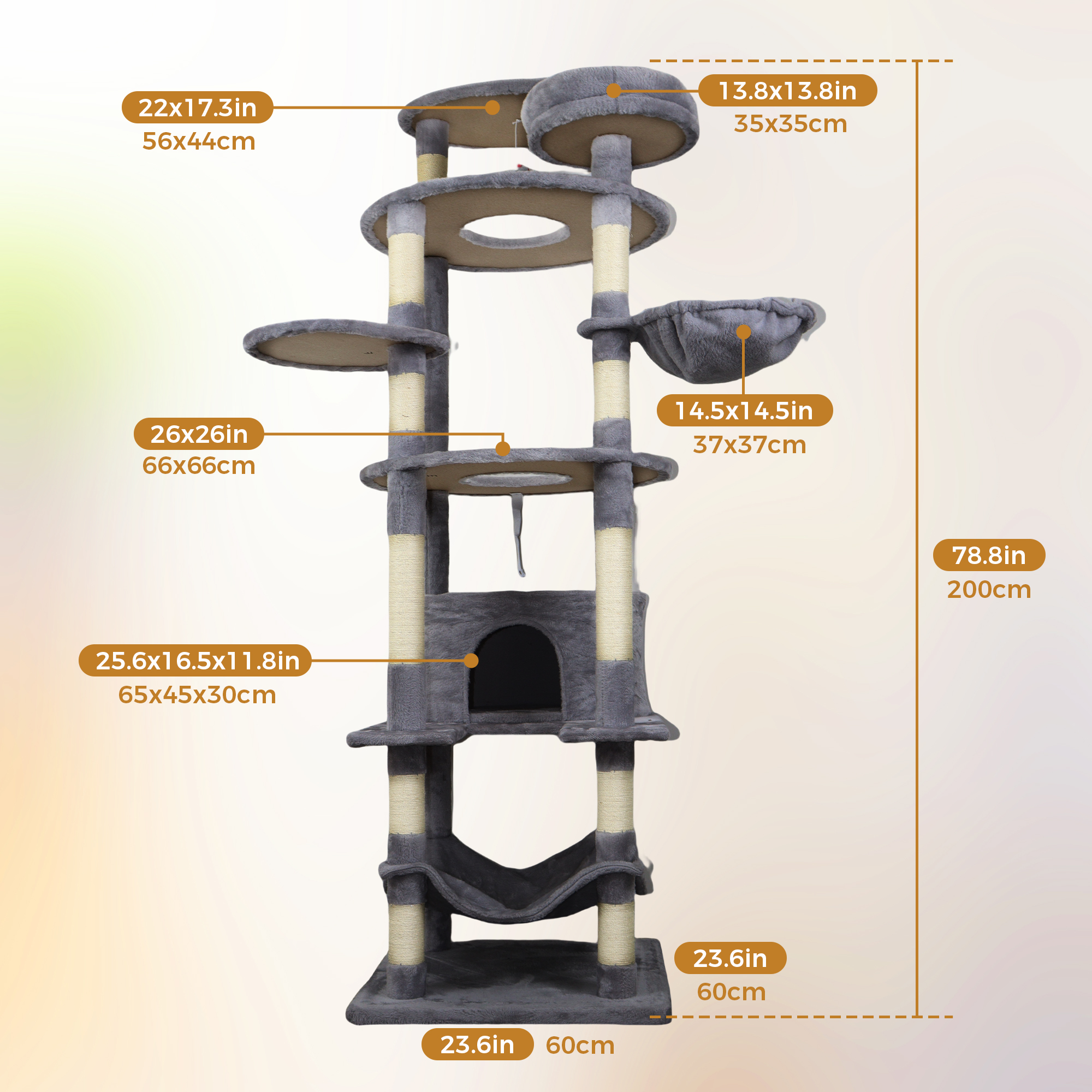 78.8in Dark Gray Cat Tree Tower with Wide Base, Large Condo, 12 Sisal Scratching Post, Big Hammock, Large Top Platform, Many Landing Perch and Interactive Toy