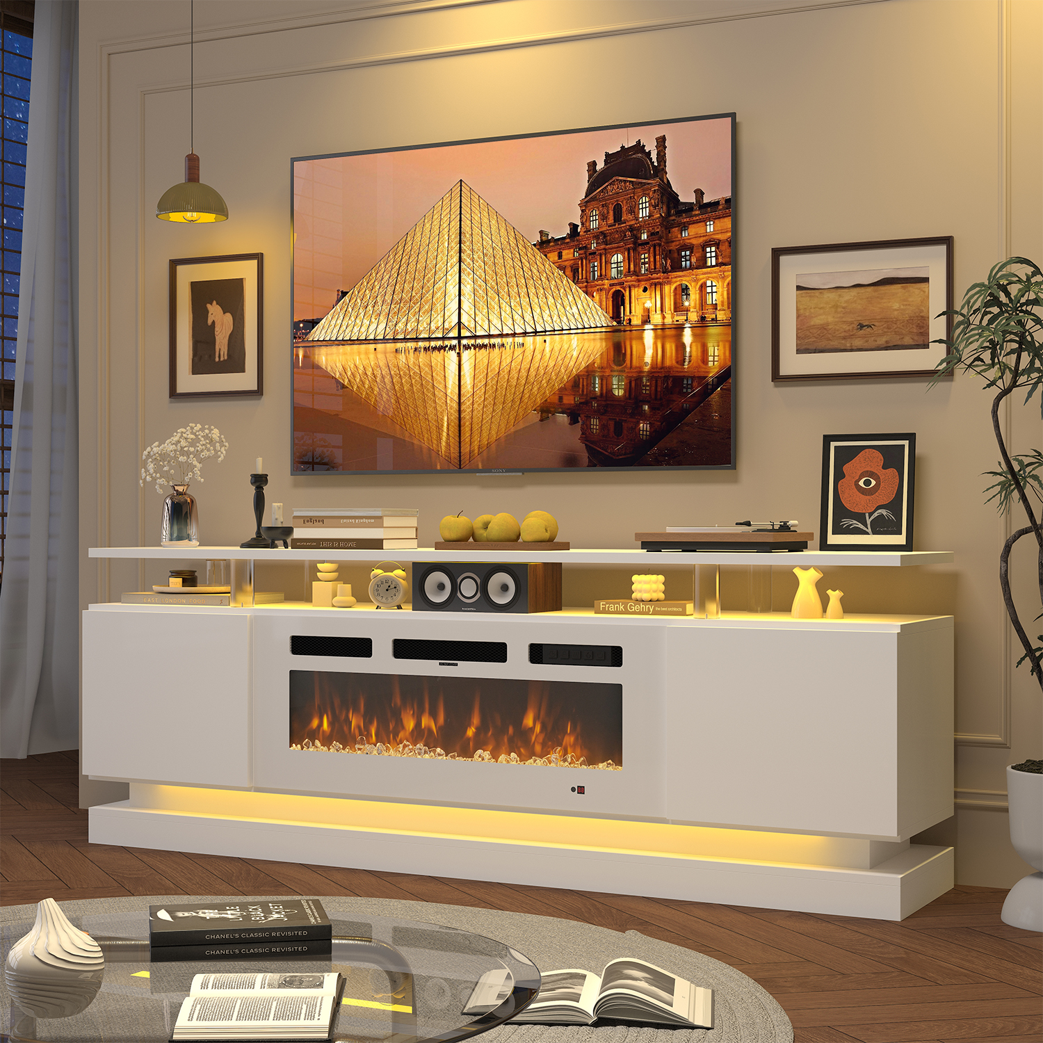 BaPiPro 70" Modern Electric Fireplace TV Stand for TVs Up to 80", Entertainment Center with Music Sync LED Lights & Storage Cabinets, Media Console for Living Room, White