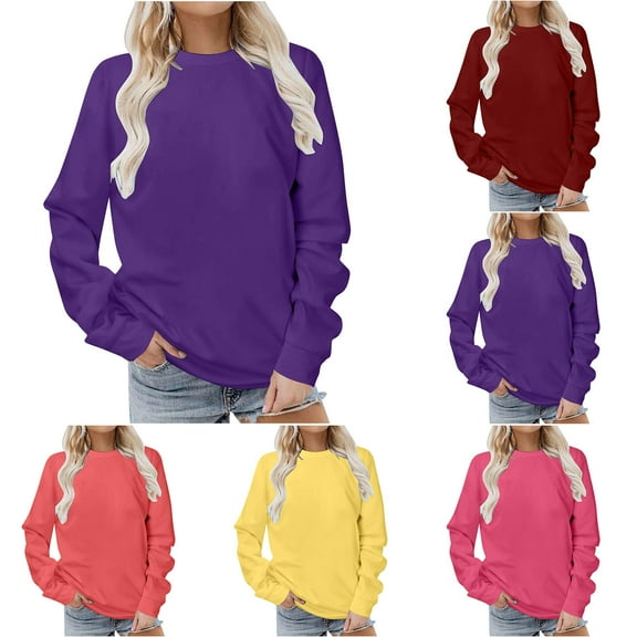 Feimerou Womens Sweatshirts Plus Size Round Neck Long Sleeve Shirts for Women Solid Color Loose Comfort Basic Spring Pullover Tops