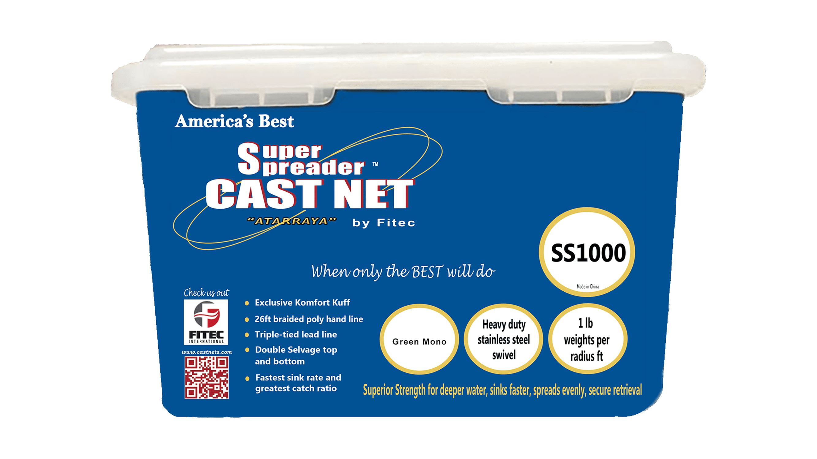 Fitec Super Spreader SS1000 Cast Net, 6 Ft. x 1/2 In. Mesh, Green Mono, 1 lb weight