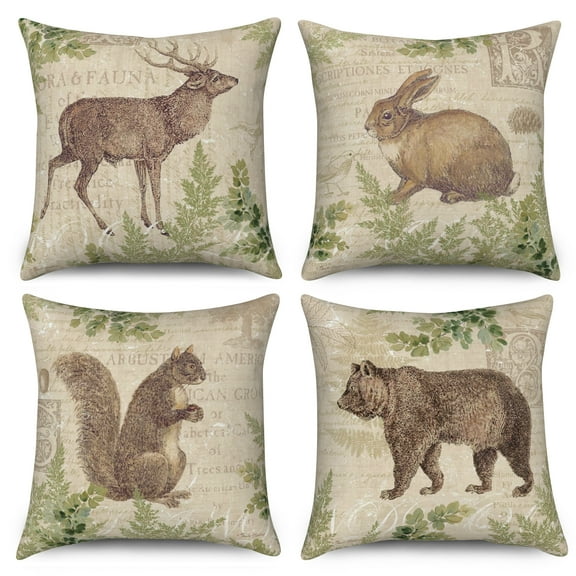 Vintage Wildlife Animals Throw Pillow Covers 18x18 Set of 4,Squirrel Bear Rabbit Decorative Pillow Cases for Bedroom Sofa Couch