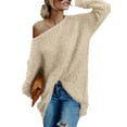 thumbnail image 3 of DYMADE Women Plush Long Pullover Raglan Sleeve Slash Neck Top Loose Sweater, 3 of 4