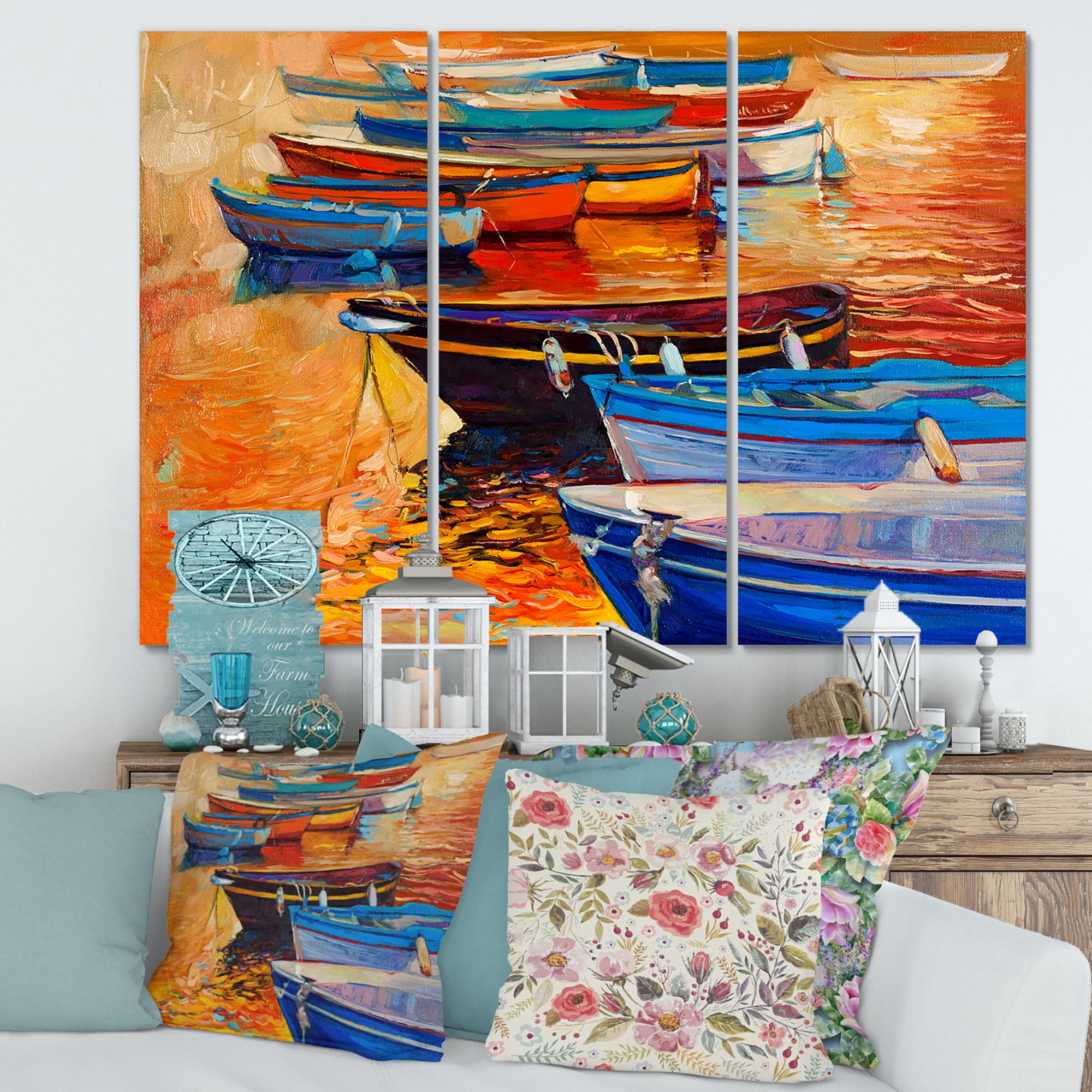 Designart ' Boats During Warm Colourd Sunset In The Harbor I ' Nautical & Coastal Canvas Wall Art Print