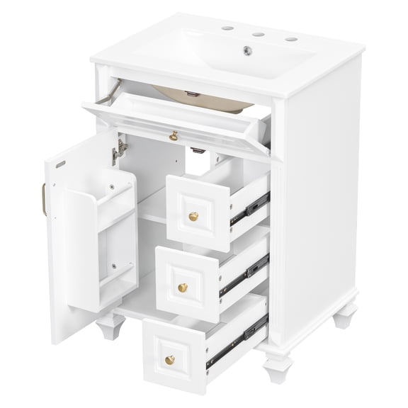 24 Inch White Freestanding Vanity Cabinet with Flip-Out Drawer, 3 Drawers & Storage Cabinet, Solid Wood & MDF, Ceramic Sink Top Bathroom Vanity