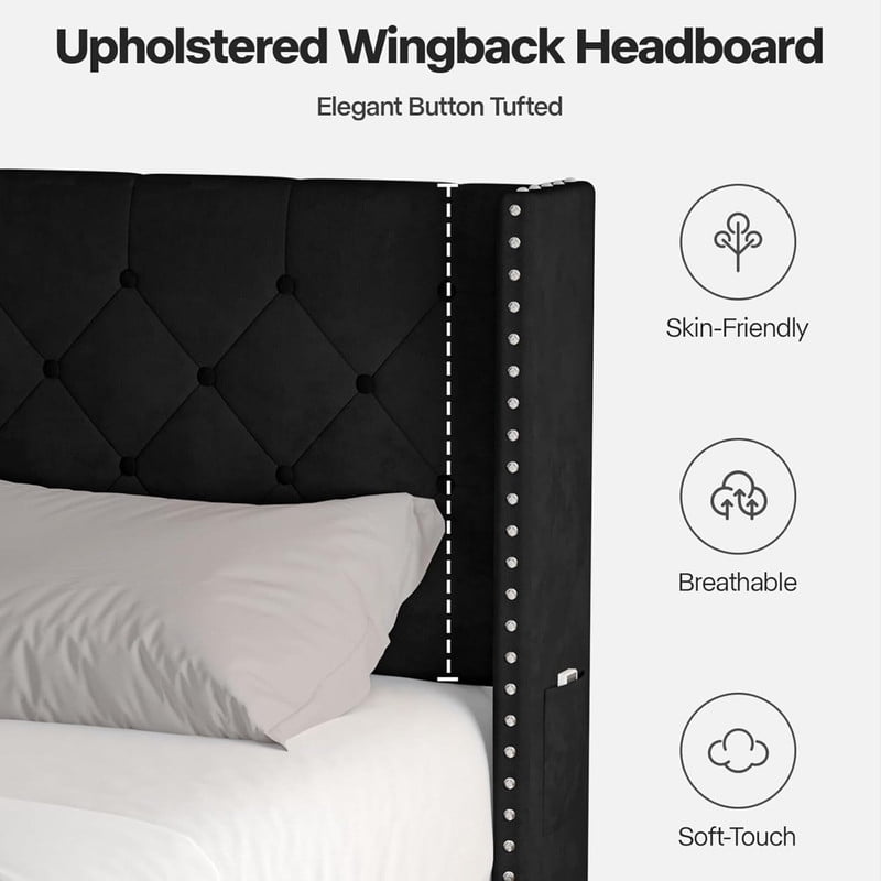Full Bed Frame with LED Lights, Upholstered Velvet Platform Bed Frames with Button Tufted Wingback Headboard & Footboard - Wooden Slats Support, No Box Spring Needed, Black