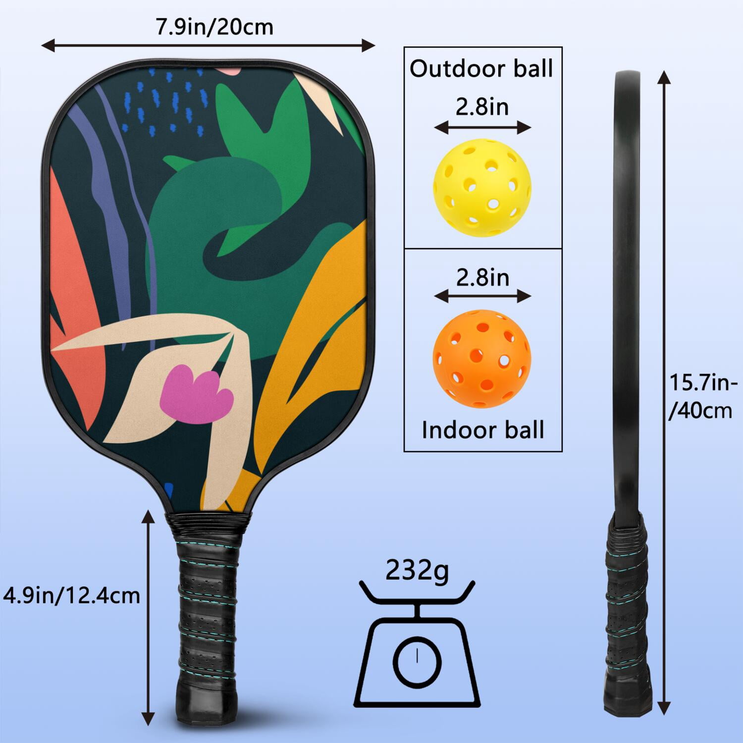 Pickleball Paddles Set Of 2, Fiberglass Surface, Tropical Jungle Print, 4 Balls & Bag