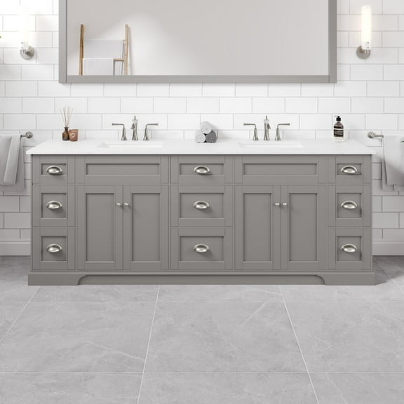 Epic 84 in. Gray Double Sink Bath Vanity with Carrara Quartz Top and Undermount Porcelain Sinks