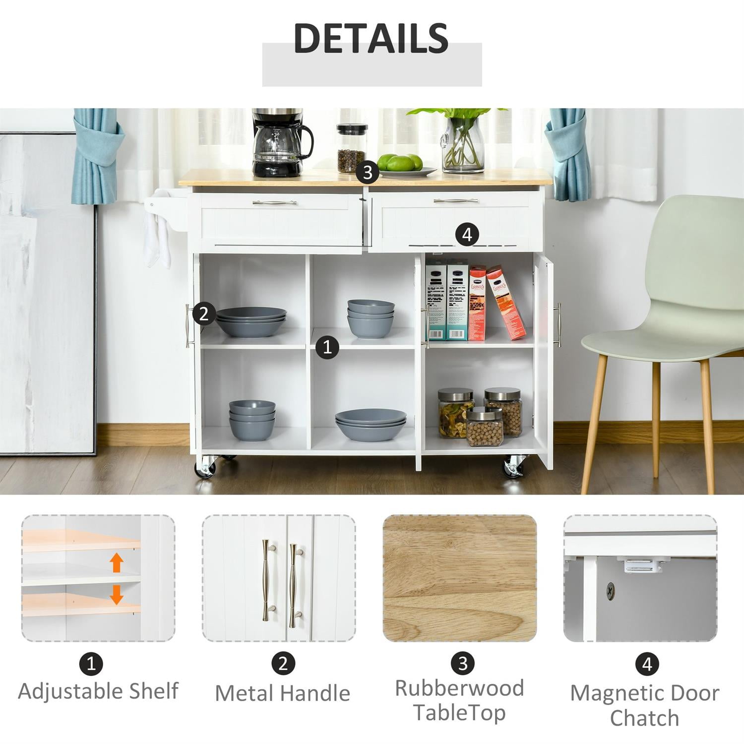 Demi Bonn 47" Mobile Kitchen Island with Storage, Adjustable Shelves, Storage Drawers, Towel Rack, 3-Door Cabinet for Organizing, Storage, White
