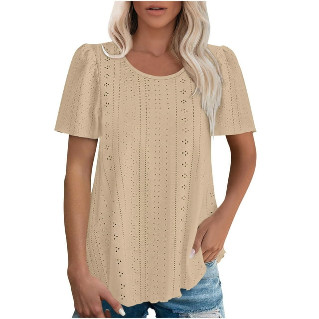 Plebaso Chemises à Œillets pour Femmes Manches Courtes Col Rond Blouses Habillées Décontractées Couleur Unie Tunique d'Été