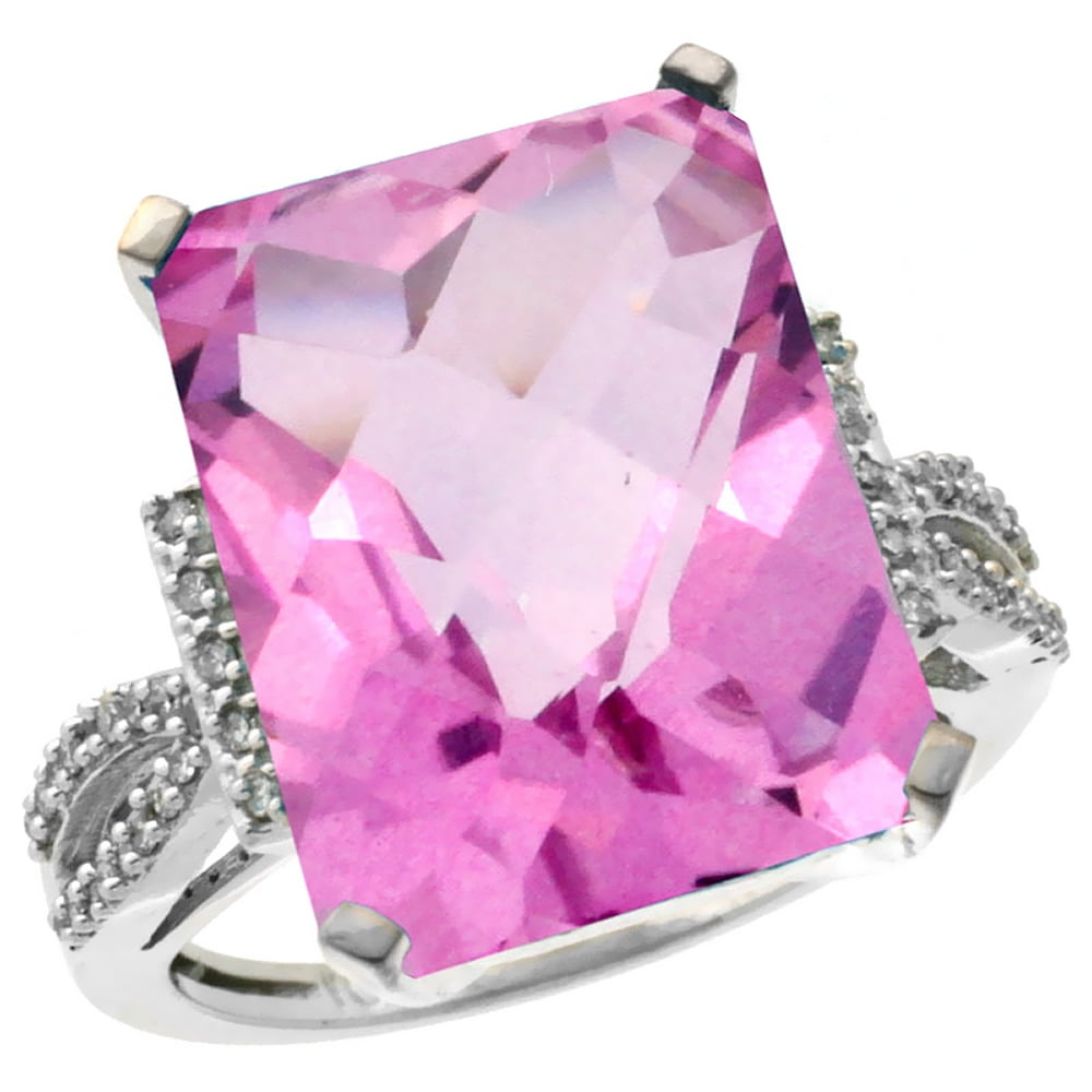 10K White Gold Diamond Natural Pink Topaz Ring Emerald-cut 16x12mm, sizes 5-10 by WorldJewels