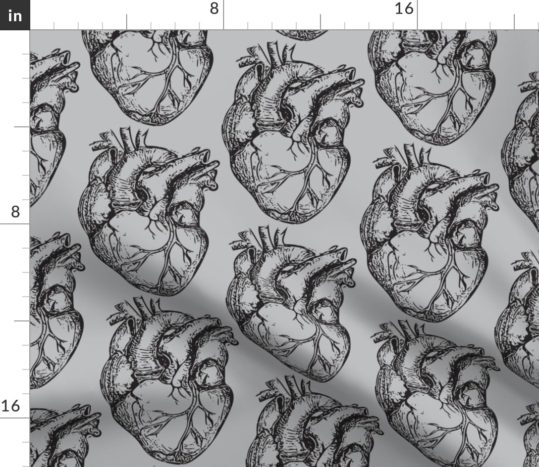 Black Grey Heart Science Realistic Anatomical Spoonflower Fabric by the Yard 