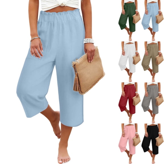 Vibrex Summer Linen Solid Color Loose Wide Leg Pants Womens Lightweight Capris Casual High Waisted Lounge Flowy Cropped Beach Capris with Pocket