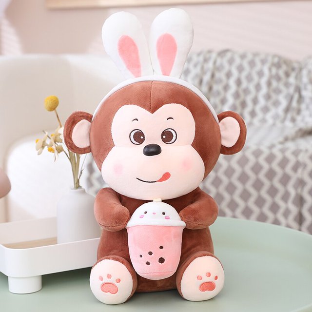 25-60cm Cute Monkey Holding Bubble Tea Plush Toy Stuffed Soft Lovely Monkey Pillow Doll Toys for Kids Girls Birthday Gift Decordark brown50cm Deng Xun unisex