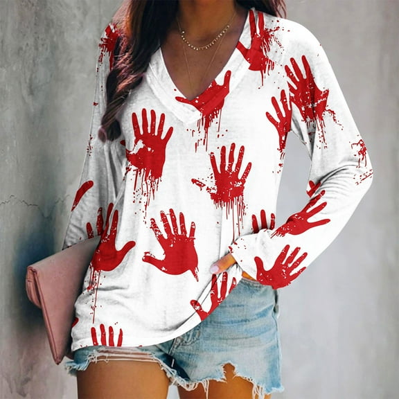 Jsaierl Halloween Shirts Women Funny Pumpkin Ghost Print Tees Loose Fit V-Neck T-shirt Long Sleeve Dressy Casual Blouse Tops Halloween Party Supplies