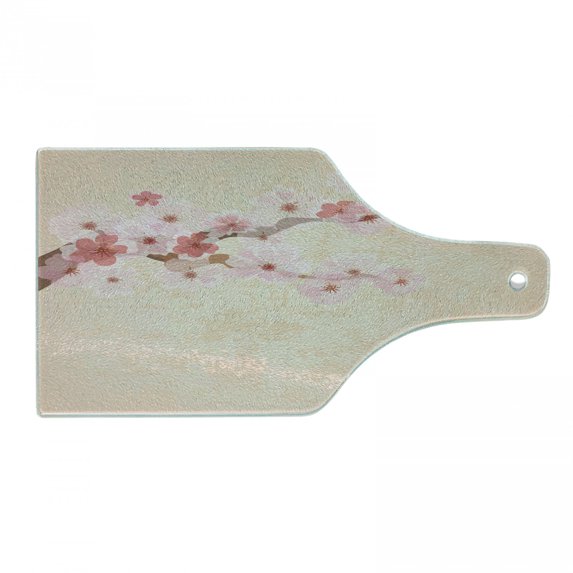 Japanese Cutting Board, Pink Cherry Blossoms on Branch Vintage Textured Flourishing Romantic Season Picture, Tempered Glass Cutting and Serving Board, Wine Bottle Shape, Soft Pink, by Ambesonne