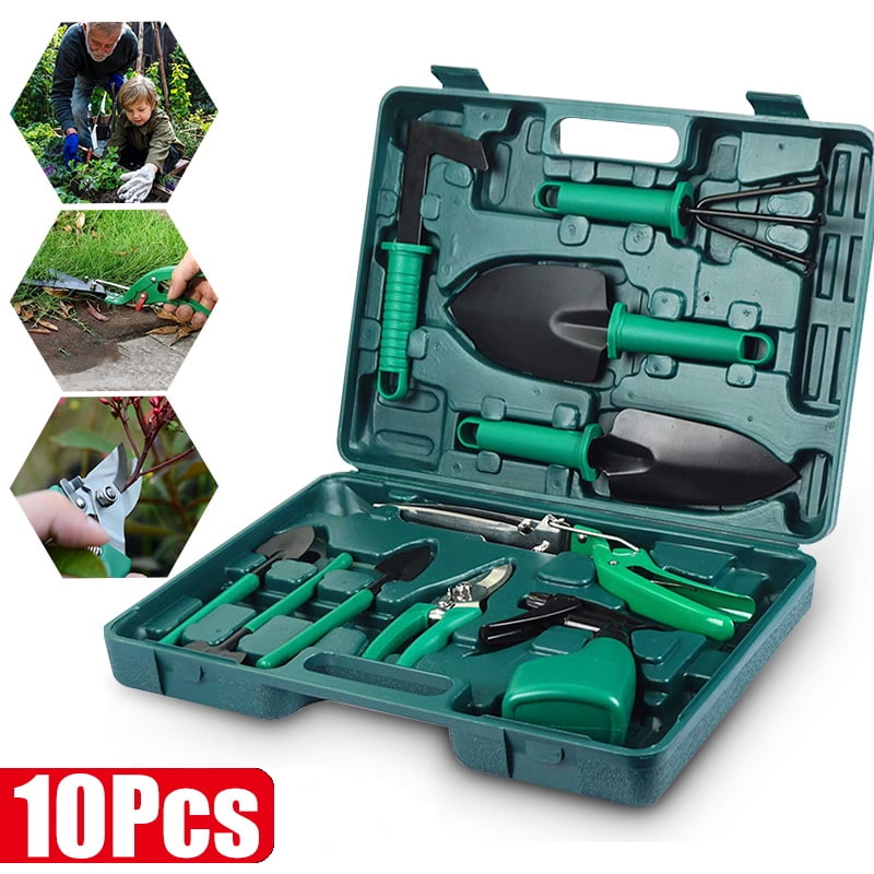 10Pcs Garden Tools Set with Storage Box , Shovel Sprayer Digging Weeder  Rake Pruning Shears Gardening Tools Kit Gardening Gifts for Gardeners