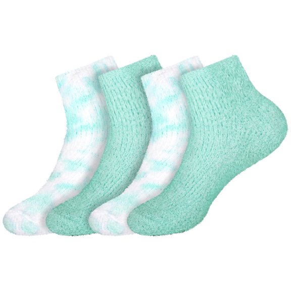 BambooMN Women's Girl Fuzzy Warm Fluffy Tie-Dye Colorful Fun Ankle Socks - Green Ash - 4 Pairs