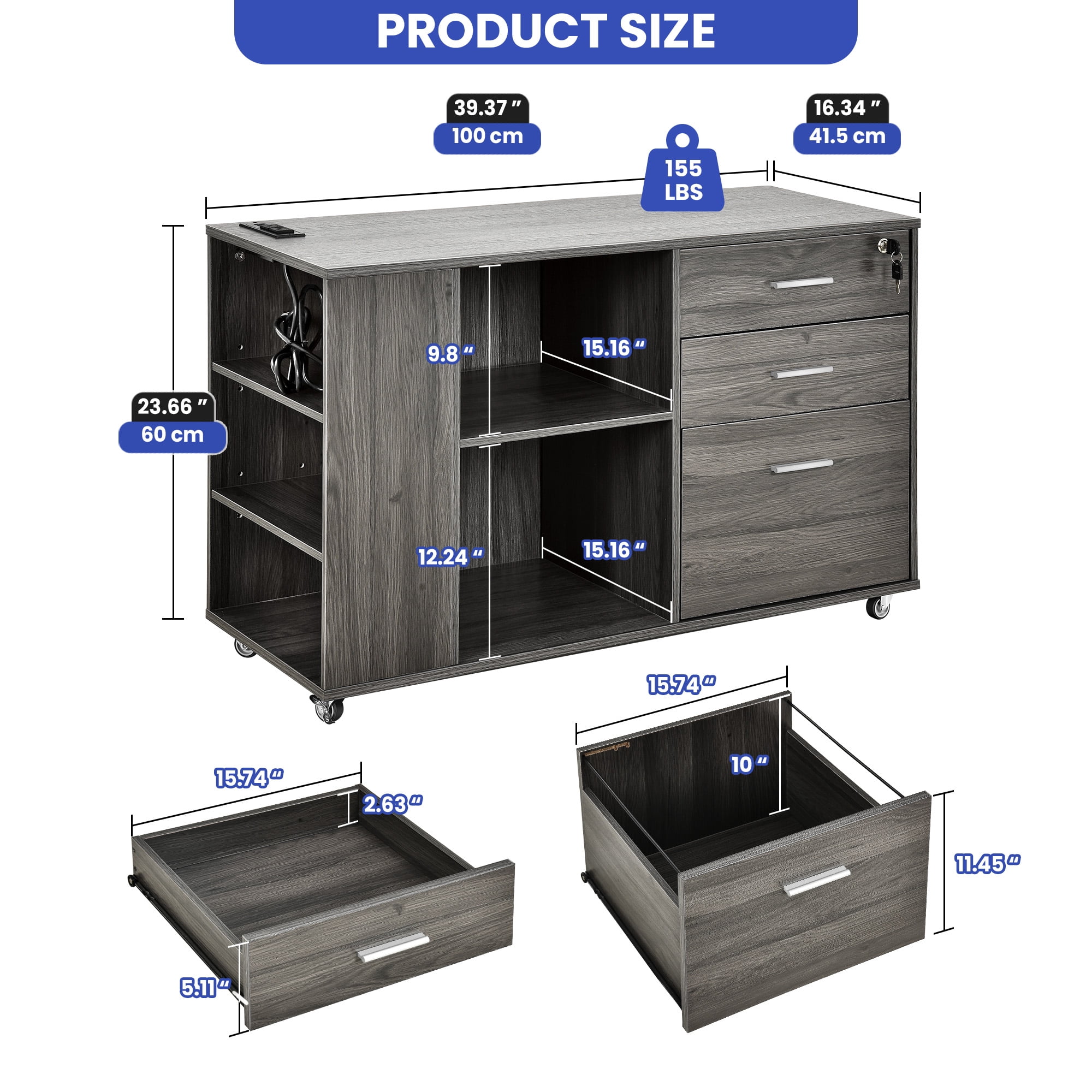 ModFusion File Cabinet with Charging Station, Lockable Drawer Adjustable Storage Shelf, Rolling Wheels with Locks, Wood Printer Scanner Lamp Stand, Rustic Charcoal Gray