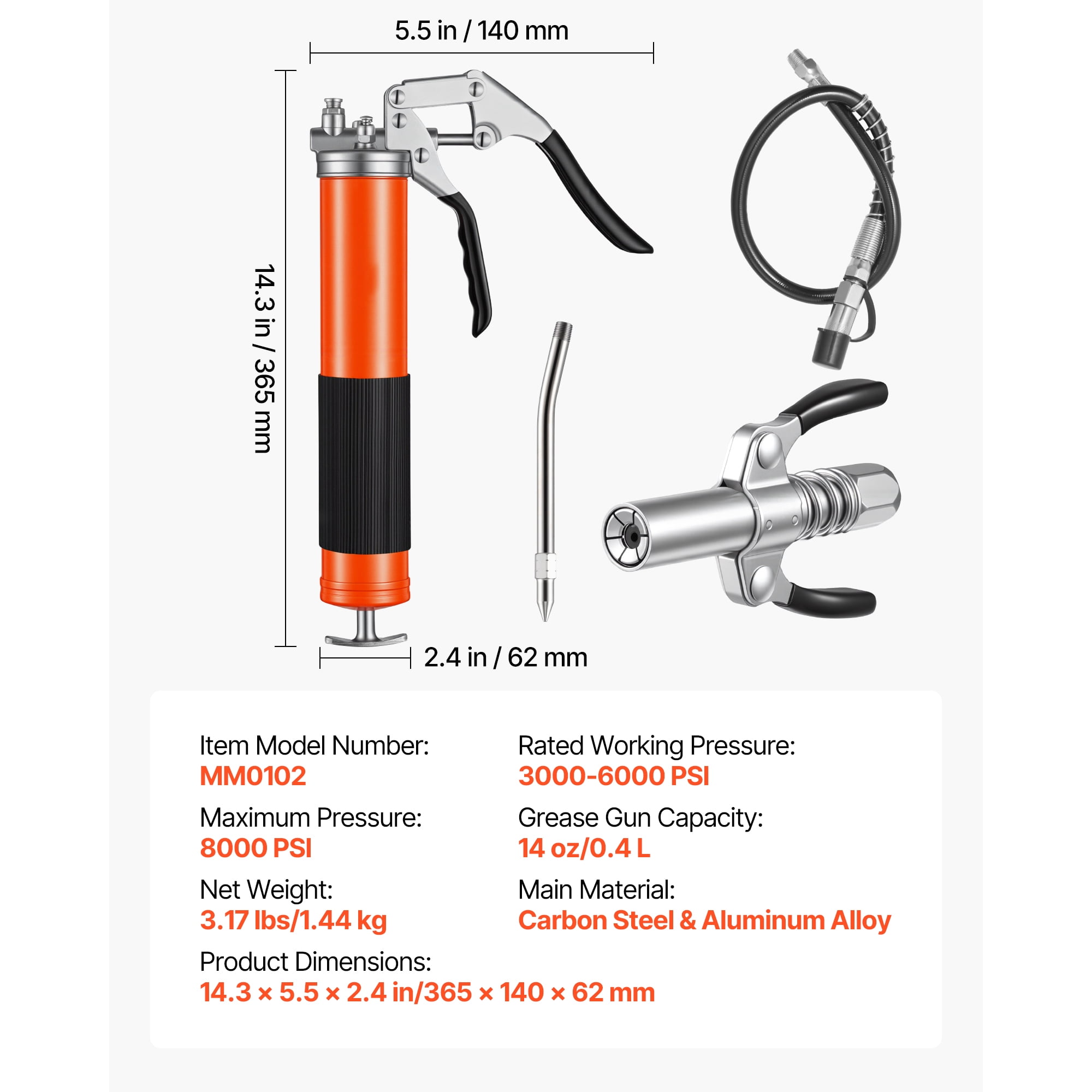 KFFKFF Pistol Grip Grease Gun Kit, 8000 PSI, 14 oz Capacity, Includes 18-Inch Flexible Hose, Dual Handle Coupler, Rigid Extension Pipe & Sharp Nozzle for Automotive and Marine Use