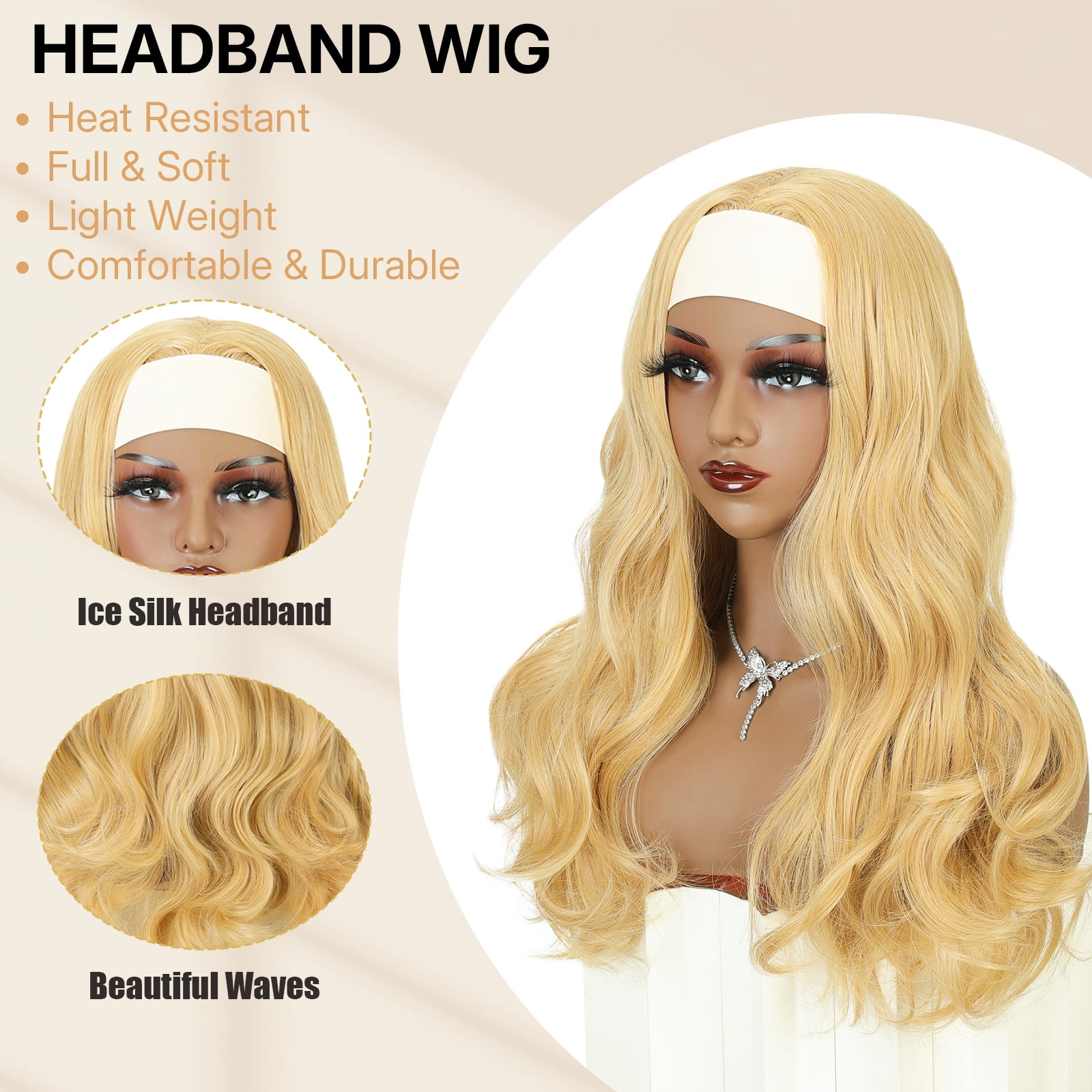 Phocas Headband Wig for Women Shoulder Length Blonde Wavy Wigs Natutal Looking for Daily Party Use