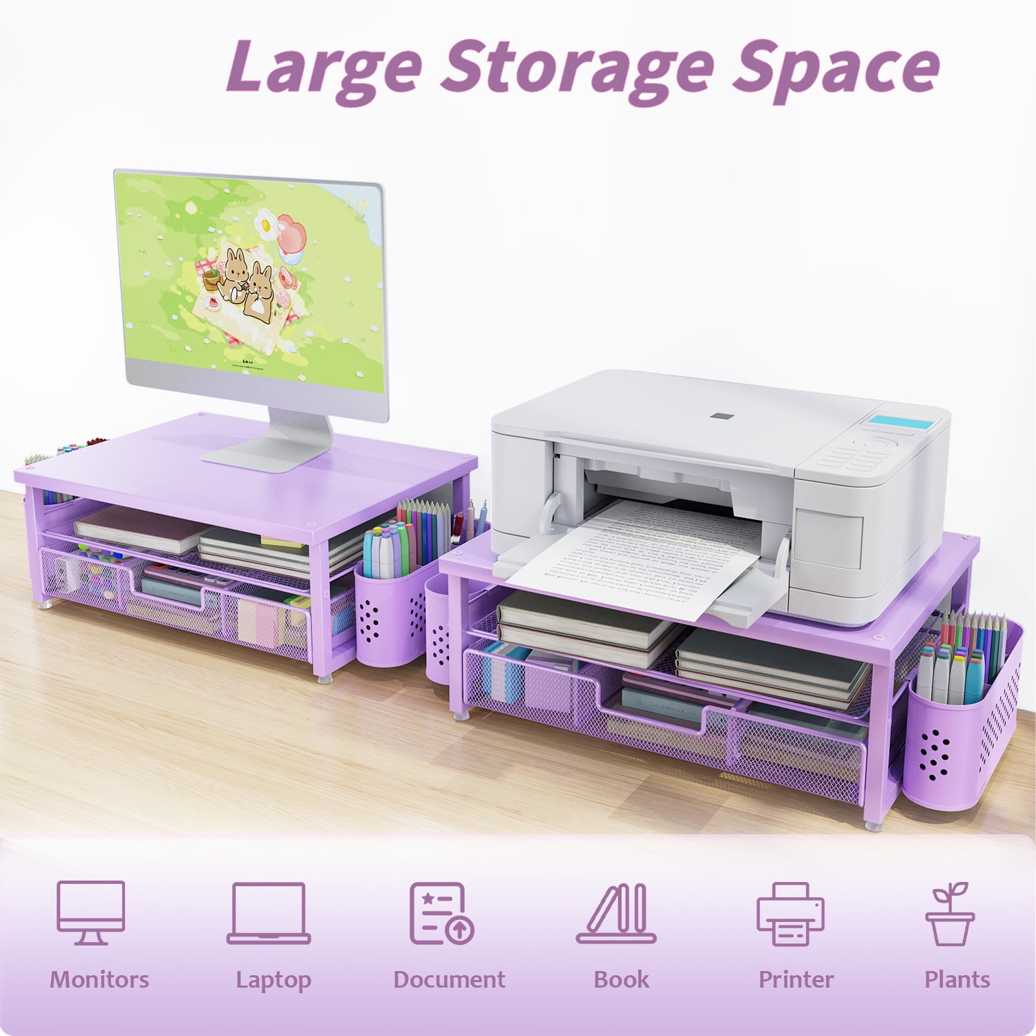 MEHOOM Desk Organizer, 3-Tier Monitor Stand with Storage and 2 Pen Holder, Laptop Stand, Office Desk Accessories for Office Supplies, Purple