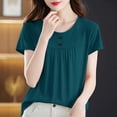 thumbnail image 4 of YueHuiYing Women's Solid Color Ruched Button Crew Neck Short Sleeve Top For Casual Fashion Daily Wear And Weekend Errands, 4 of 5